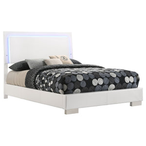 English Elm Zephyr Full Bedroom Set High Gloss White with LED Lighting Faux Leather Bed Chrome Accents B2777S00603