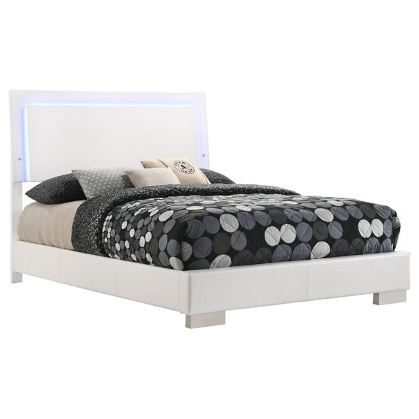 English Elm Zephyr Full Bedroom Set High Gloss White with LED Lighting Faux Leather Bed Chrome Accents B2777S00603