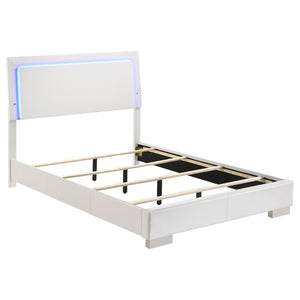 English Elm Zephyr Full Bedroom Set High Gloss White with LED Lighting Faux Leather Bed Chrome Accents B2777S00603