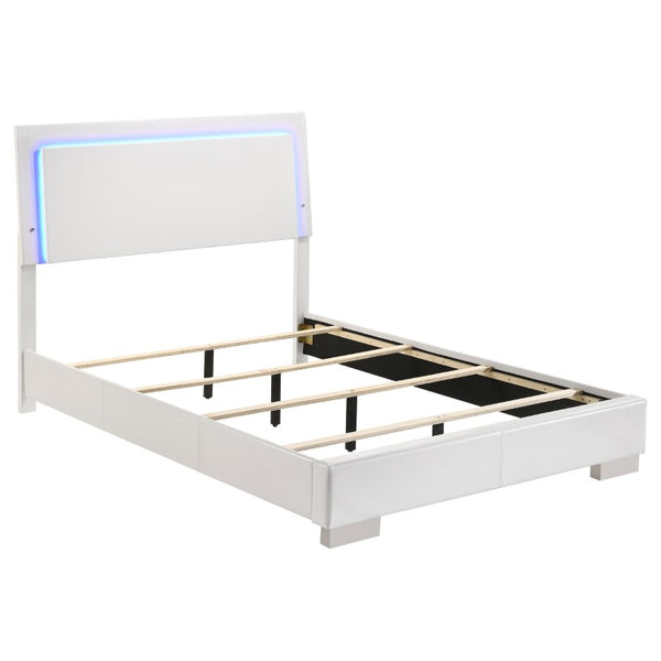 English Elm Zephyr Full Bedroom Set High Gloss White with LED Lighting Faux Leather Bed Chrome Accents B2777S00603