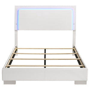 English Elm Zephyr Full Bedroom Set High Gloss White with LED Lighting Faux Leather Bed Chrome Accents B2777S00603