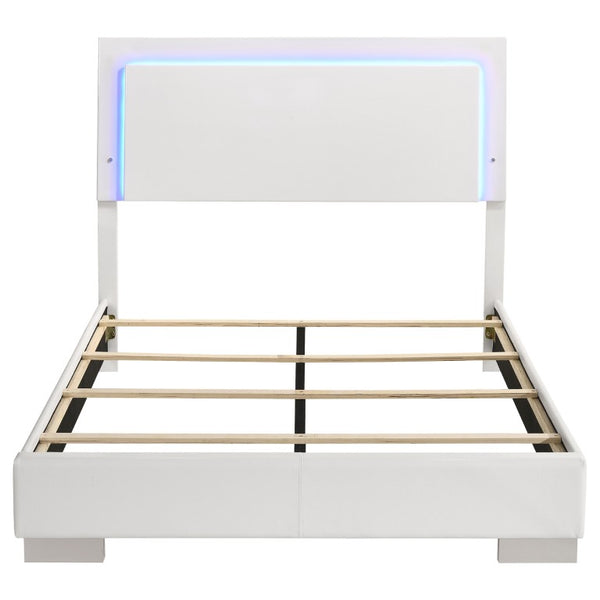 English Elm Zephyr Full Bedroom Set High Gloss White with LED Lighting Faux Leather Bed Chrome Accents B2777S00603