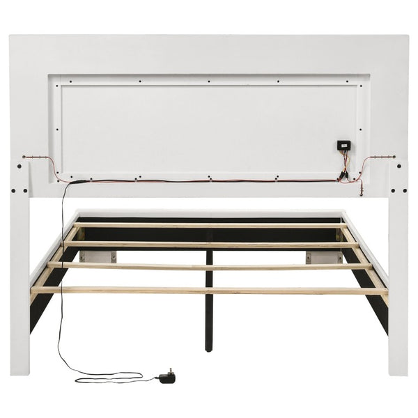 English Elm Zephyr Full Bedroom Set High Gloss White with LED Lighting Faux Leather Bed Chrome Accents B2777S00603