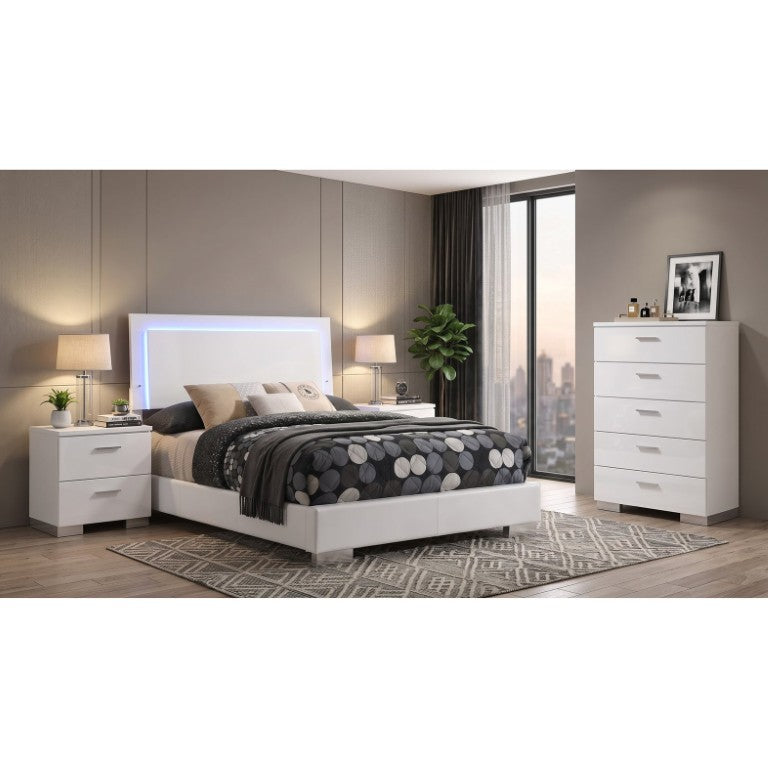 English Elm Zephyr Full Bedroom Set White High Gloss LED Faux Leather Contemporary 4 Piece B2777S00604