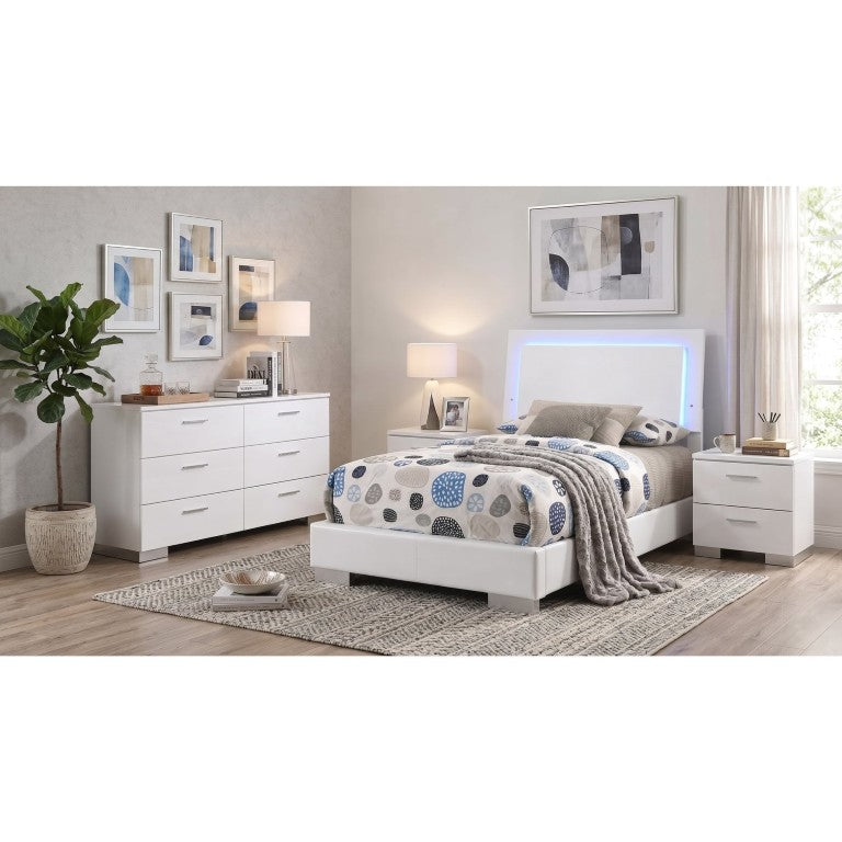 English Elm Zephyr Twin Bedroom Set White Faux Leather LED Headboard High Gloss Modern 4Pc B2777S00605
