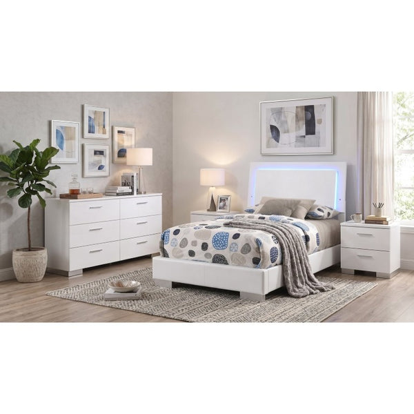 English Elm Zephyr Twin Bedroom Set White Faux Leather LED Headboard High Gloss Modern 4Pc B2777S00605
