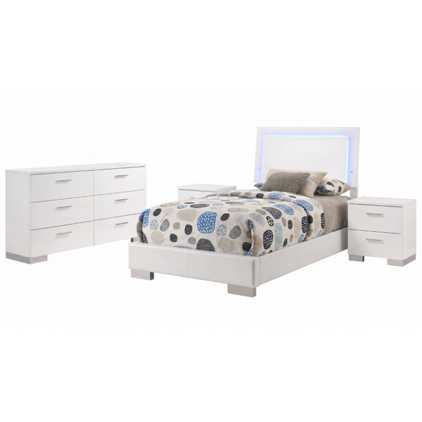 English Elm Zephyr Twin Bedroom Set White Faux Leather LED Headboard High Gloss Modern 4Pc B2777S00605