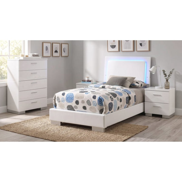 English Elm Zephyr Twin Bedroom Set with LED Headboard Faux Leather High Gloss White Four Piece B2777S00606
