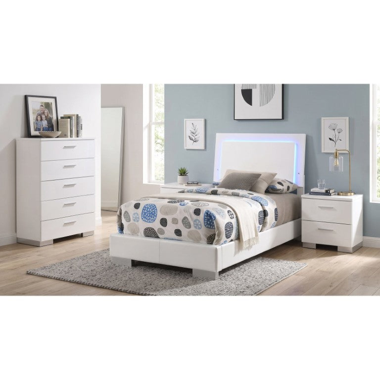 English Elm Zephyr Twin Bedroom Set with LED Headboard Faux Leather High Gloss White Four Piece B2777S00606