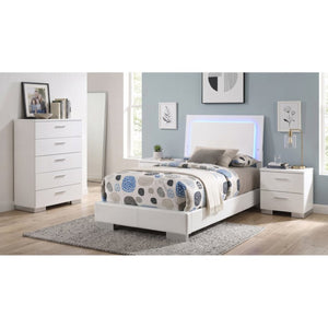 English Elm Zephyr Twin Bedroom Set with LED Headboard Faux Leather High Gloss White Four Piece B2777S00606