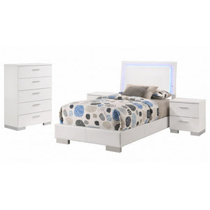 English Elm Zephyr Twin Bedroom Set with LED Headboard Faux Leather High Gloss White Four Piece B2777S00606