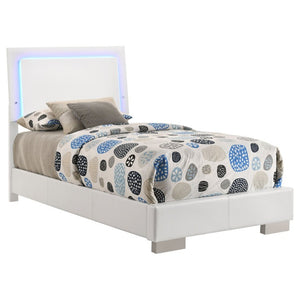 English Elm Zephyr Twin Bedroom Set with LED Headboard Faux Leather High Gloss White Four Piece B2777S00606