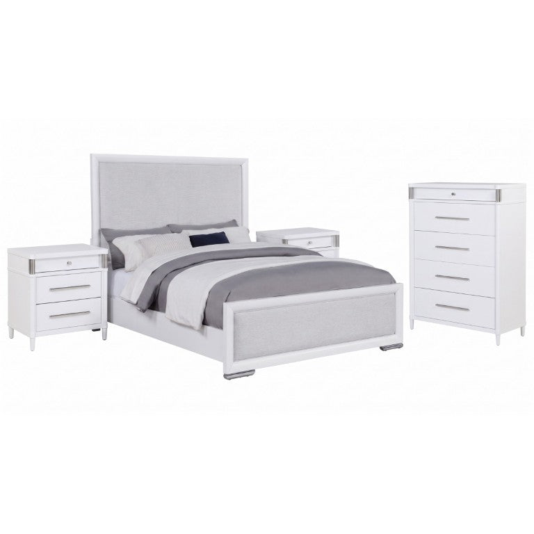 English Elm Graham Queen Bedroom Set White Herringbone Upholstered Bed Brushed Nickel Hardware B2777S00608