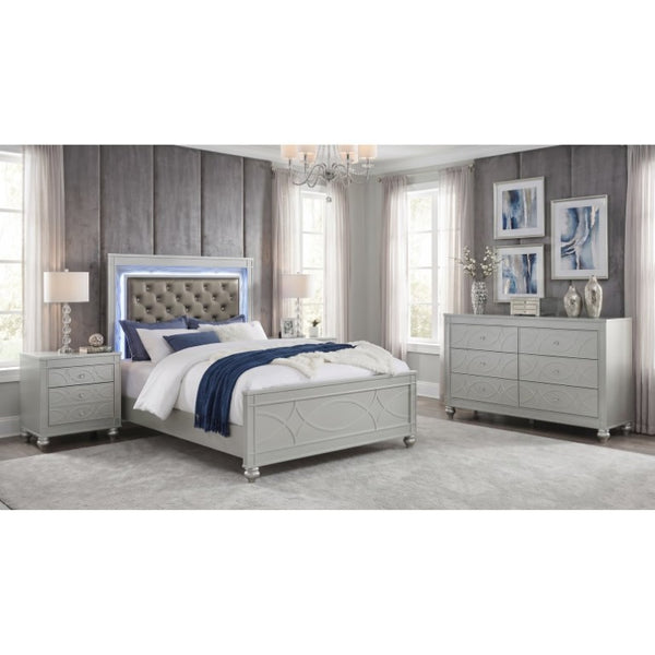 English Elm Grayson Hollywood Regency Queen Bedroom Set with LED Tufted Headboard and Mirrored Trim B2777S00609