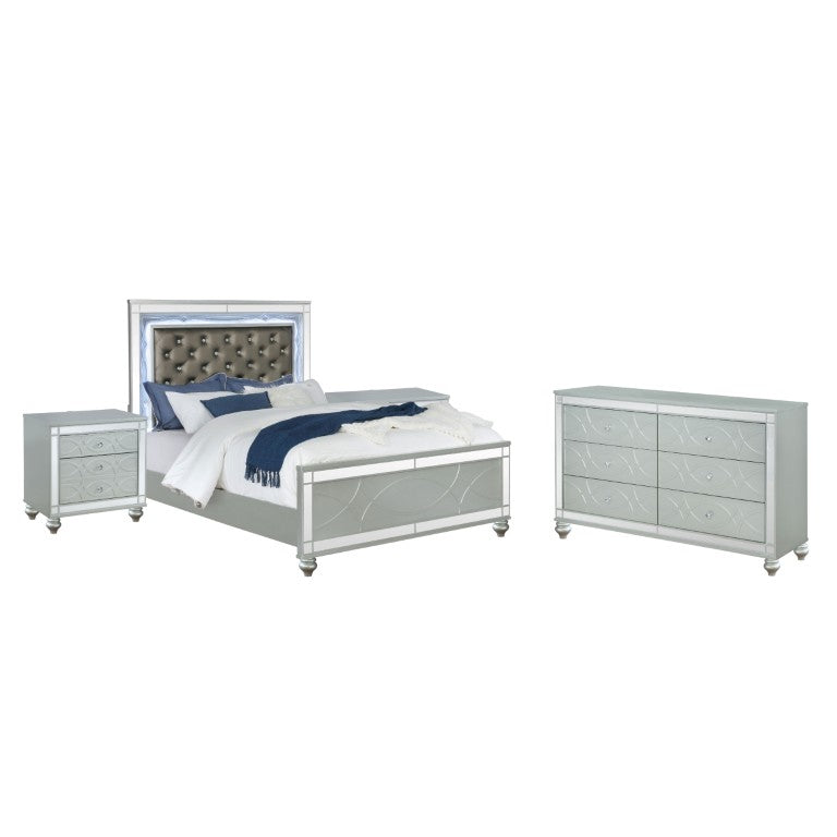 English Elm Grayson Hollywood Regency Queen Bedroom Set with LED Tufted Headboard and Mirrored Trim B2777S00609