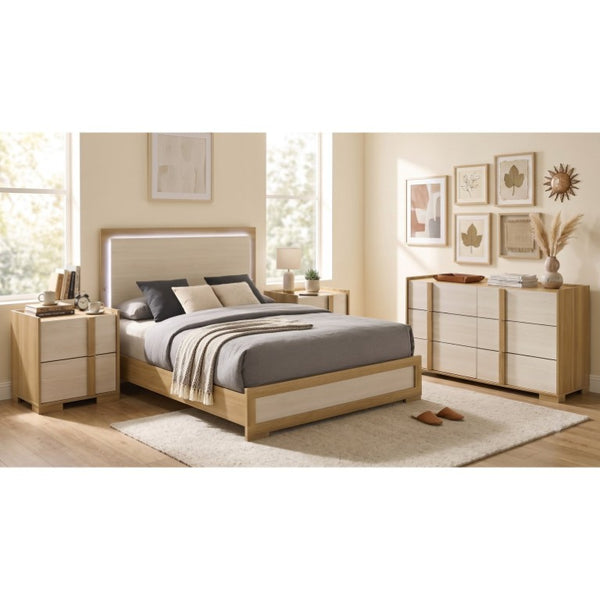 English Elm Holden Queen Bedroom Set with LED Headboard Natural Wood and White Modern Suite B2777S00618
