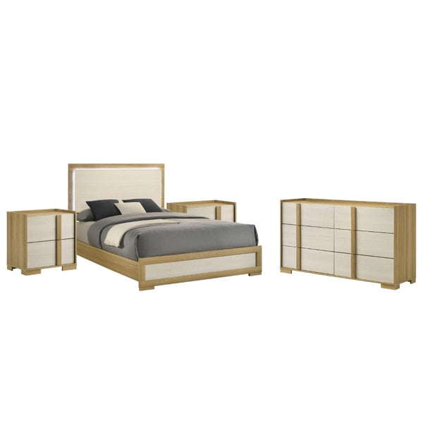 English Elm Holden Queen Bedroom Set with LED Headboard Natural Wood and White Modern Suite B2777S00618