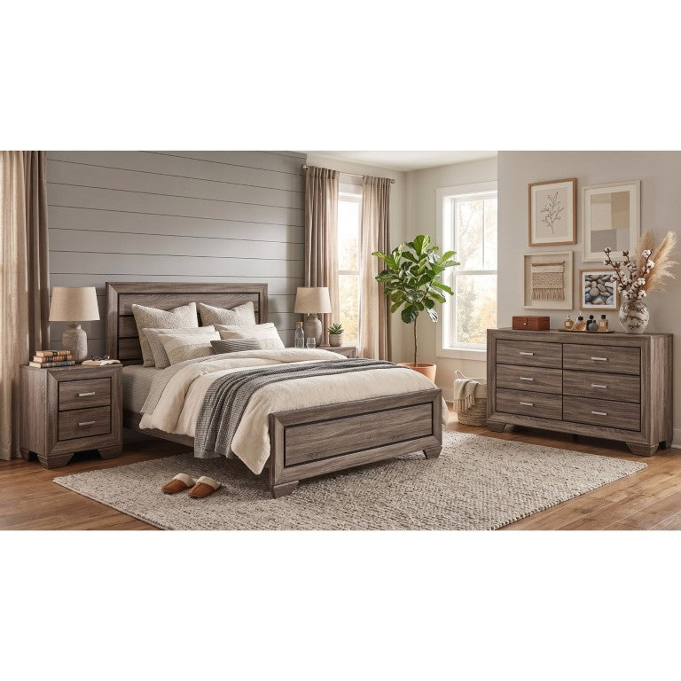 English Elm Keaton Queen Bedroom Set Washed Taupe Oak Grain Panel Bed with Chrome Pulls B2777S00622
