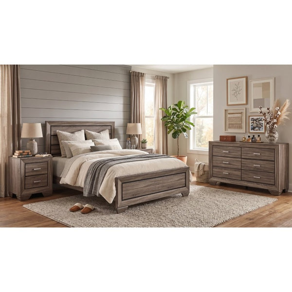 English Elm Keaton Queen Bedroom Set Washed Taupe Oak Grain Panel Bed with Chrome Pulls B2777S00622