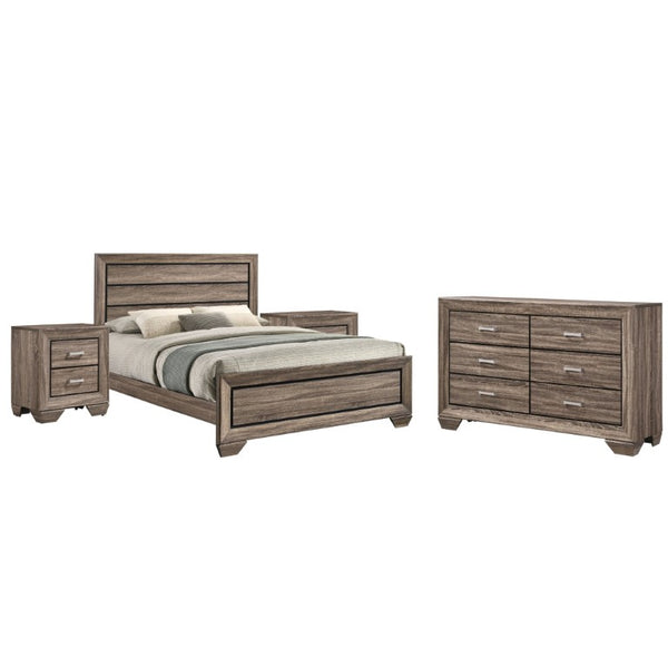 English Elm Keaton Queen Bedroom Set Washed Taupe Oak Grain Panel Bed with Chrome Pulls B2777S00622