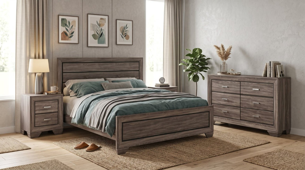English Elm Keaton Architectural Panel Bedroom Set Weathered Oak Grain Taupe Finish Four Piece B2777S00624