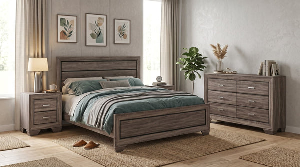 English Elm Keaton Architectural Panel Bedroom Set Weathered Oak Grain Taupe Finish Four Piece B2777S00624