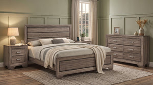 English Elm Keaton Architectural Panel Bedroom Set Weathered Oak Grain Taupe Finish Four Piece B2777S00624