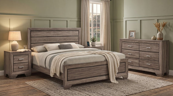 English Elm Keaton Architectural Panel Bedroom Set Weathered Oak Grain Taupe Finish Four Piece B2777S00624