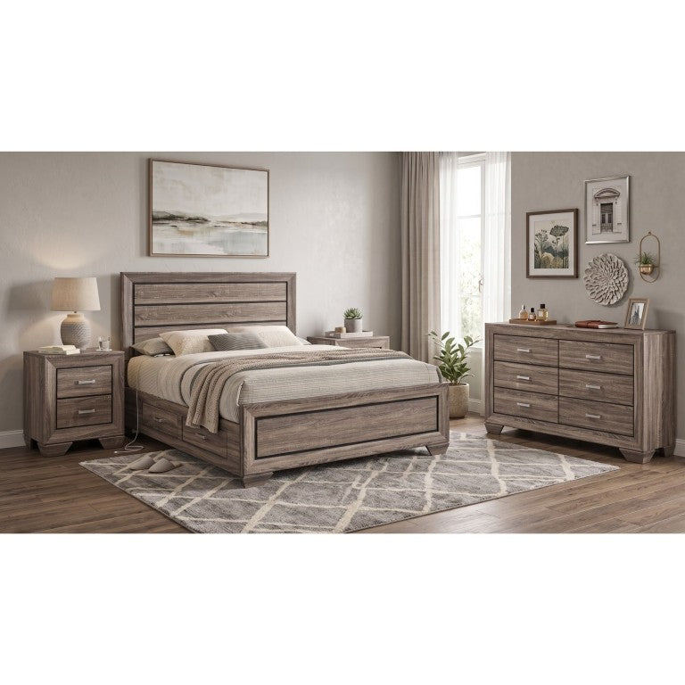 English Elm Keaton Queen Bedroom Set Weathered Oak Grain Taupe Finish with Storage Bed and Dresser B2777S00626