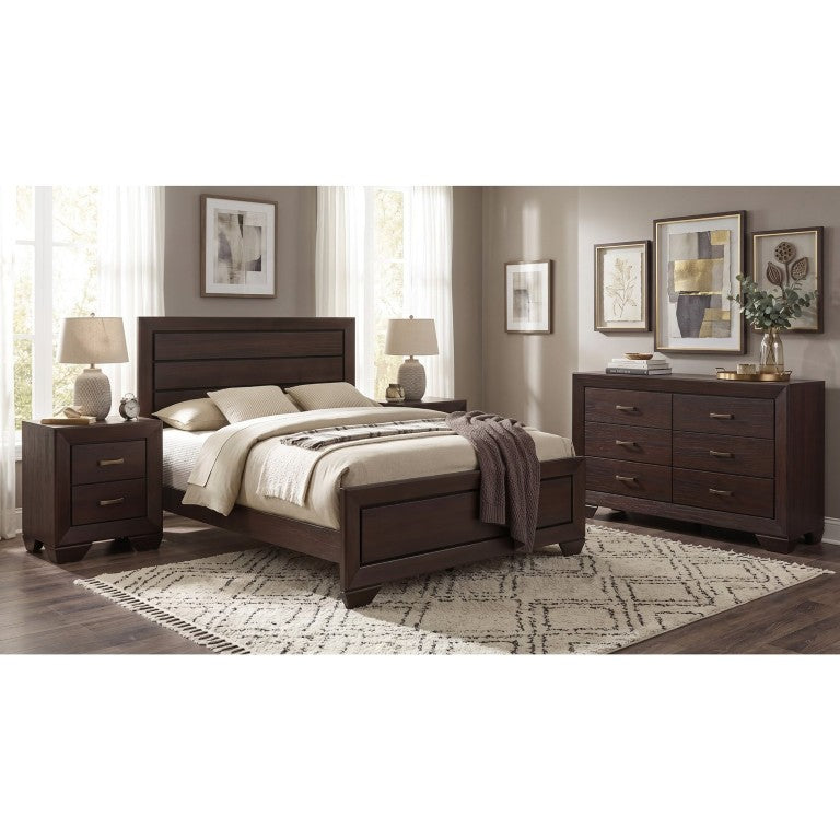English Elm Keaton Queen Bedroom Set with Panel Headboard Antique Brass Pulls Dark Cocoa Finish B2777S00628