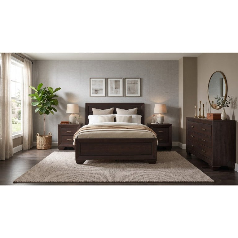 English Elm Keaton Queen Bedroom Set with Panel Headboard Antique Brass Pulls Dark Cocoa Finish B2777S00628