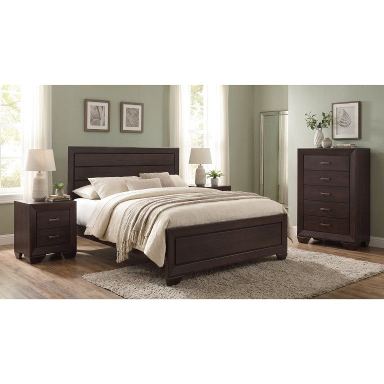 English Elm Keaton Dark Cocoa Panel Bed Bedroom Set with Brass Handles and Architectural Molding B2777S00631