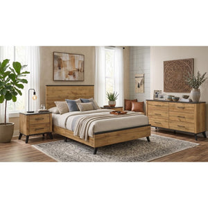 English Elm Kingsley Queen Bedroom Set Mid-Century Wood Grain with Matte Black Hardware 4 Piece B2777S00634