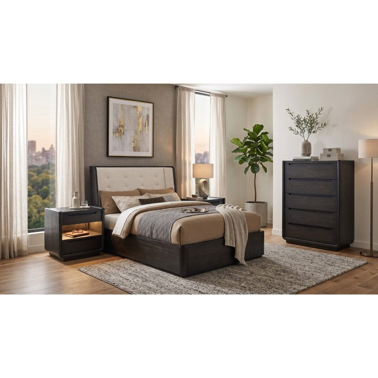 English Elm Lawson Queen Bedroom Set Burnished Wood Wingback Bed with Nightstands and Chest B2777S00641