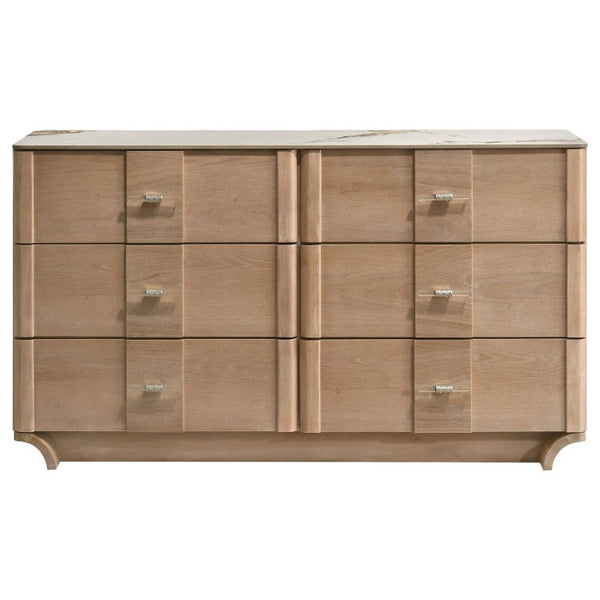 English Elm Leighton Queen Bedroom Set with LED Headboard Oak Veneer and Sintered Stone Tops B2777S00644