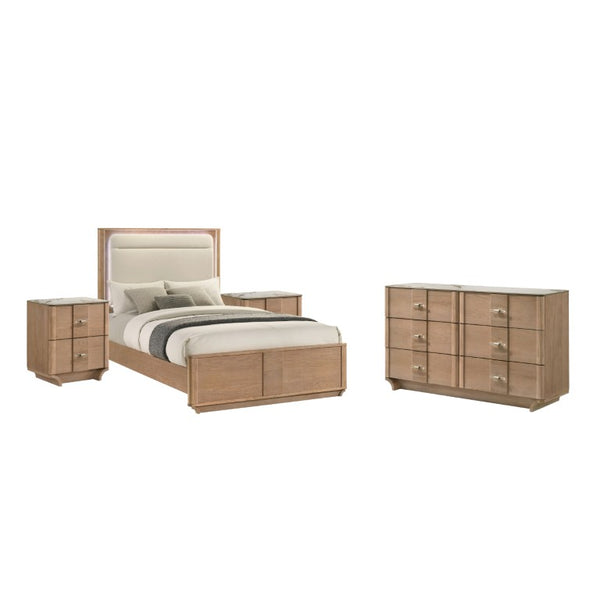 English Elm Leighton Queen Bedroom Set with LED Headboard Oak Veneer and Sintered Stone Tops B2777S00644