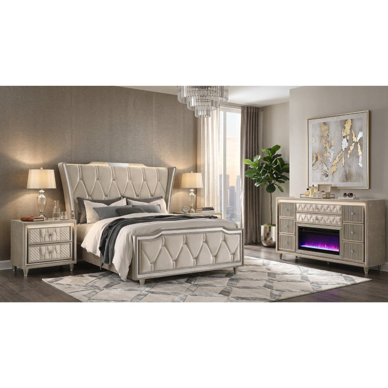English Elm Lincoln Velvet Upholstered Queen Bedroom Set with LED Lighting and Crystal Hardware B2777S00649