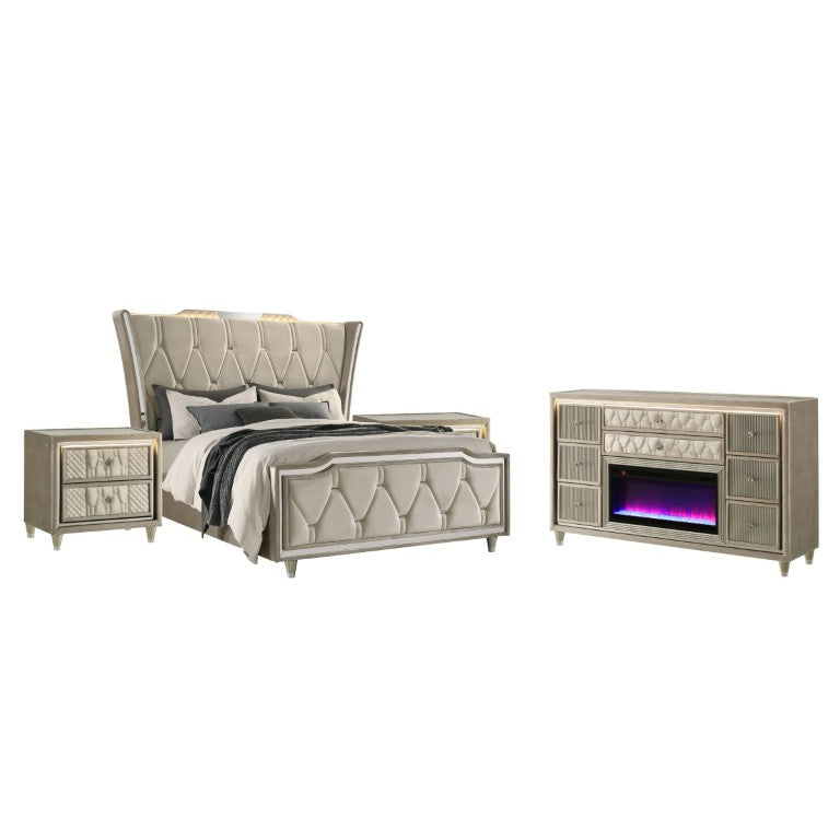 English Elm Lincoln Velvet Upholstered Queen Bedroom Set with LED Lighting and Crystal Hardware B2777S00649