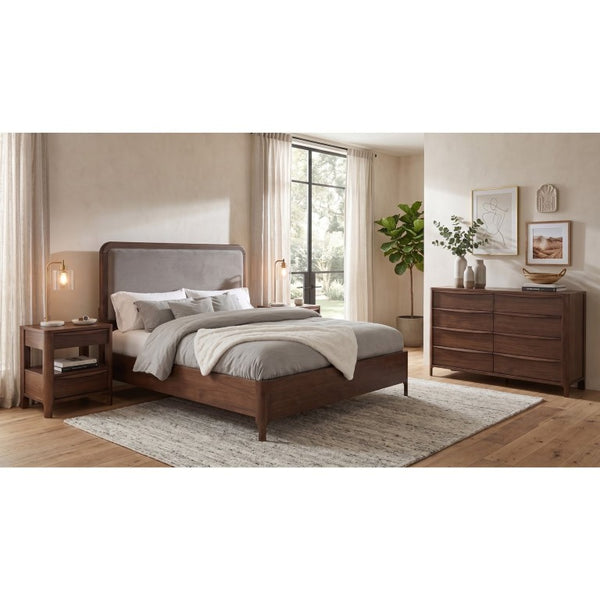 English Elm Mallory Walnut Veneer Eastern King Bedroom Set with Taupe Panel Headboard B2777S00668