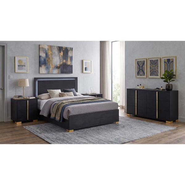 English Elm Maxwell Art Deco Queen Bedroom Set with LED Headboard Gold Accents Black Melamine B2777S00669