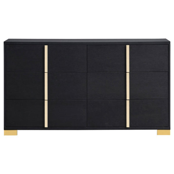 English Elm Maxwell Art Deco Queen Bedroom Set with LED Headboard Gold Accents Black Melamine B2777S00669