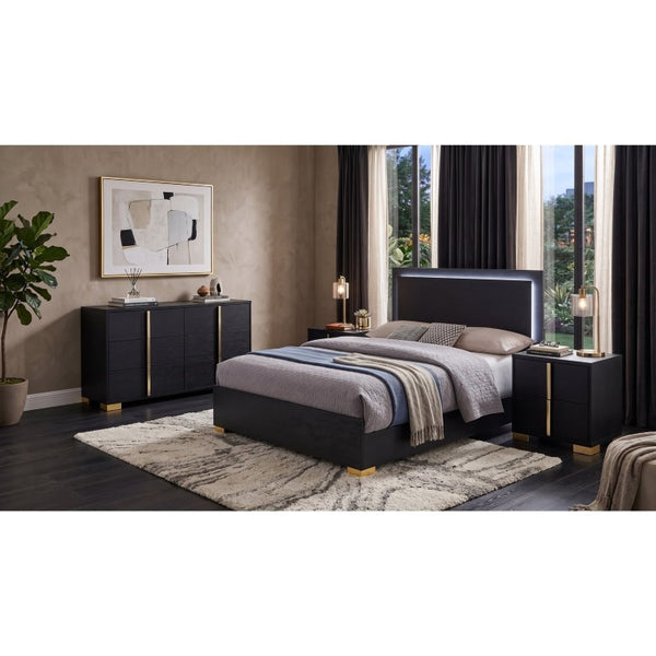 English Elm Maxwell Art Deco Queen Bedroom Set with LED Headboard Gold Accents Black Melamine B2777S00669