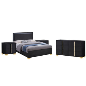 English Elm Maxwell Art Deco Queen Bedroom Set with LED Headboard Gold Accents Black Melamine B2777S00669
