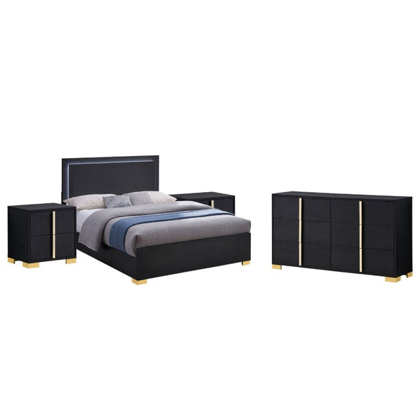 English Elm Maxwell Art Deco Queen Bedroom Set with LED Headboard Gold Accents Black Melamine B2777S00669
