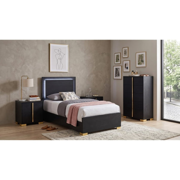 English Elm Maxwell Art Deco Twin Bedroom Set with LED Headboard Gold Accents and Vertical Storage B2777S00676