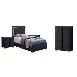 English Elm Maxwell Art Deco Twin Bedroom Set with LED Headboard Gold Accents and Vertical Storage B2777S00676
