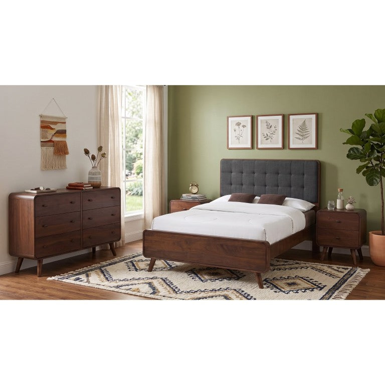 English Elm Rowan Mid-Century Queen Bedroom Set with Tufted Headboard and Dark Walnut Veneer B2777S00715