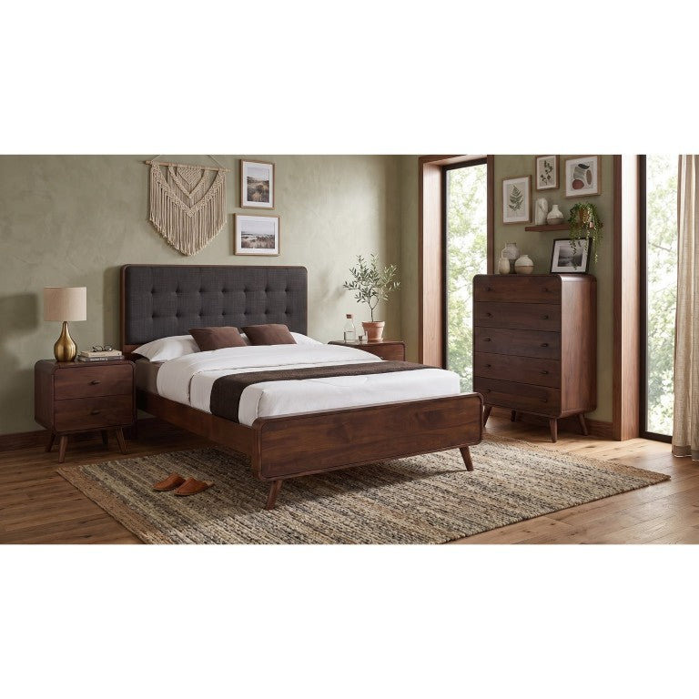 English Elm Rowan Queen Bedroom Set Mid-Century Walnut with Tufted Headboard and USB Nightstands B2777S00716