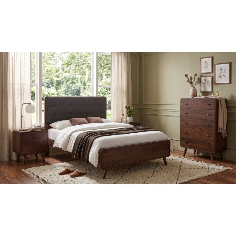 English Elm Rowan Queen Bedroom Set Mid-Century Walnut with Tufted Headboard and USB Nightstands B2777S00716