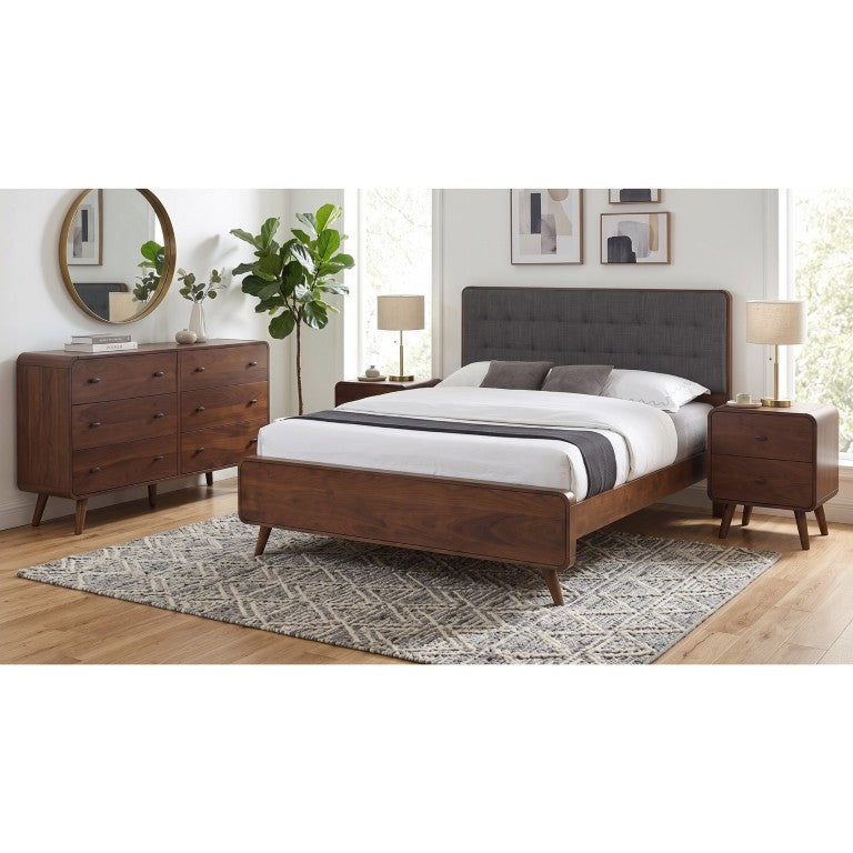 English Elm Rowan Mid-Century King Bedroom Set with Tufted Headboard and Walnut Veneer Finish B2777S00717